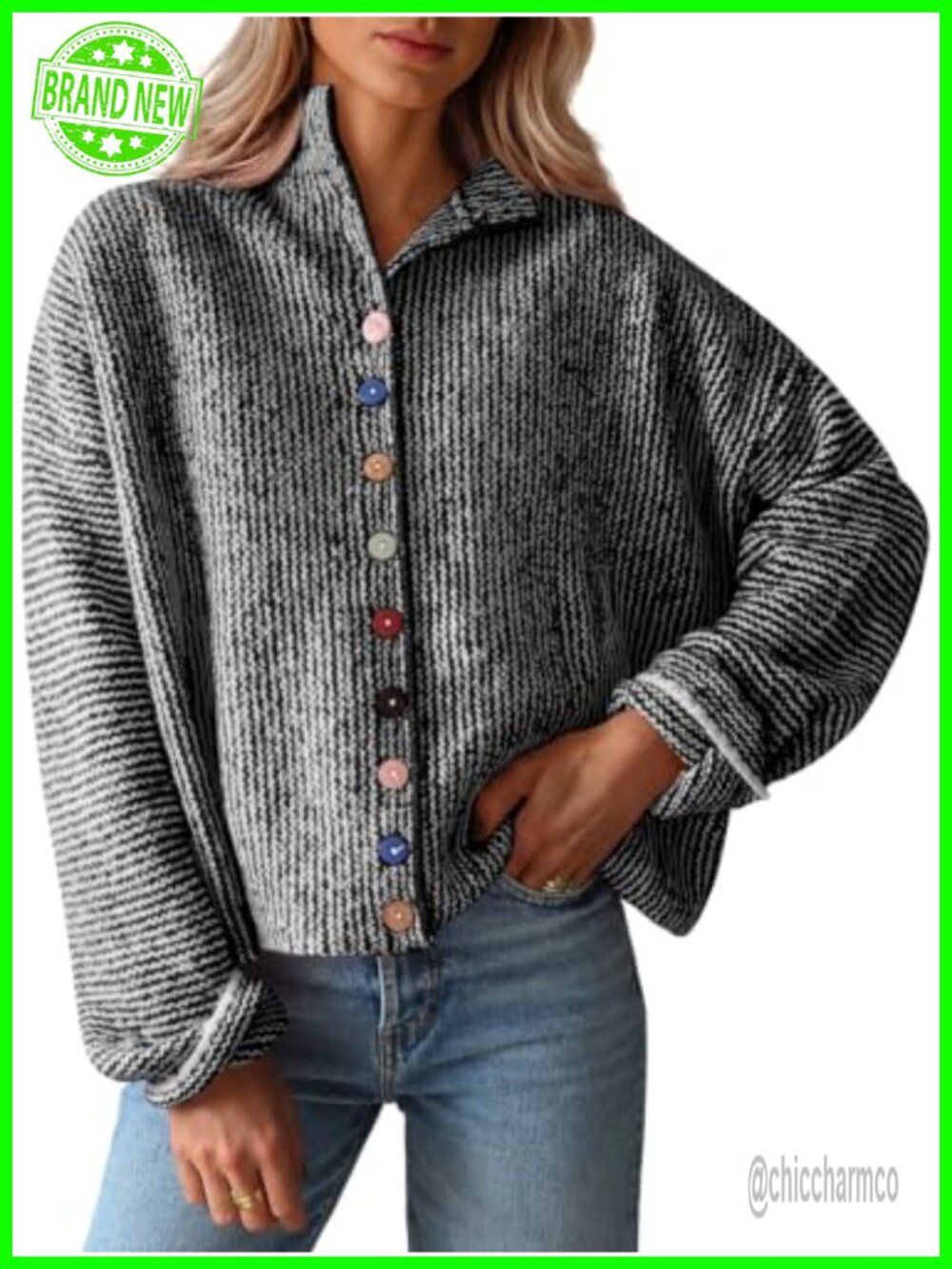 Striped Chunky Knit Cardigan Sweater Long Sleeve Button Down Stand Collar